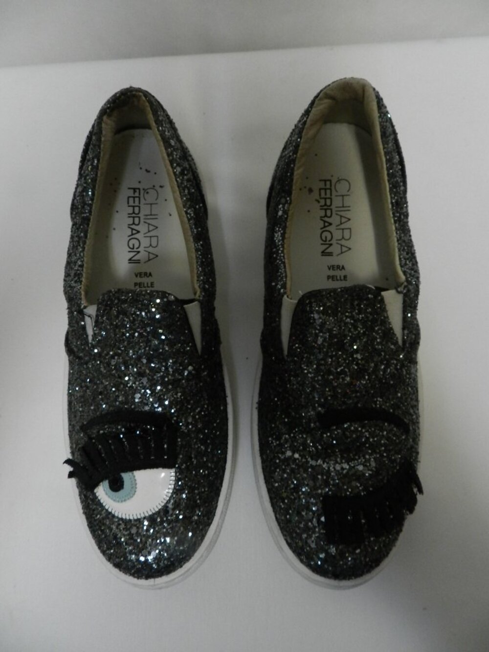 Chiara Ferragni Sequin Flirty sneakers slides flats Italy silver Size Sz 37 US 7